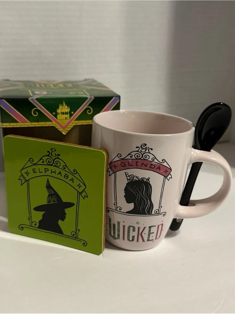 Pink Wicked Themed Ceramic Mug with Black Spoon